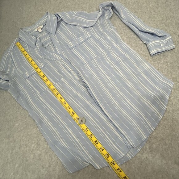 CANDIES Blue White Stripe Blouse Womens Large V Neck Roll Tab Lightweight Top - Picture 7 of 8
